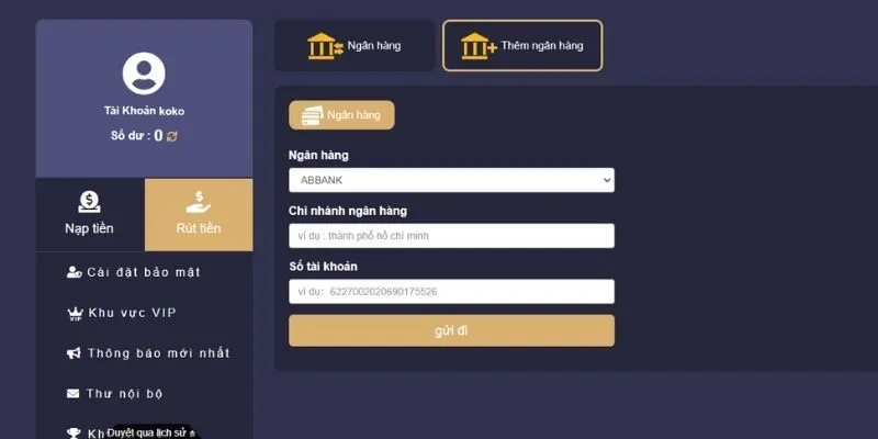 Tính năng rút tiền hiển thị rõ ràng tại giao diện người dùng.