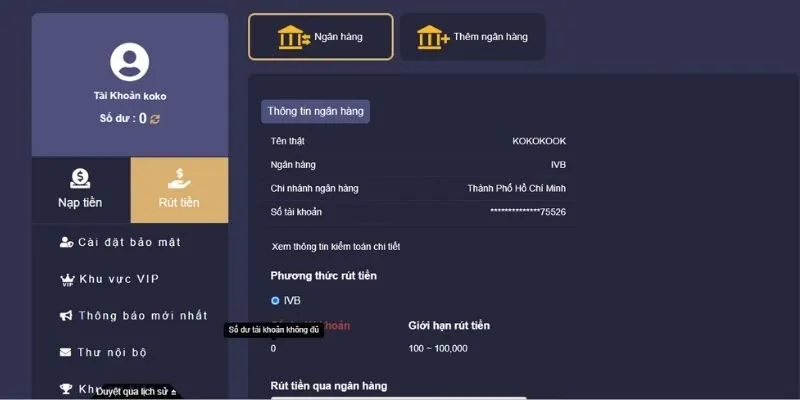 Điền thông tin tài khoản rút tiền chính xác để giao dịch được xử lý nhanh chóng.